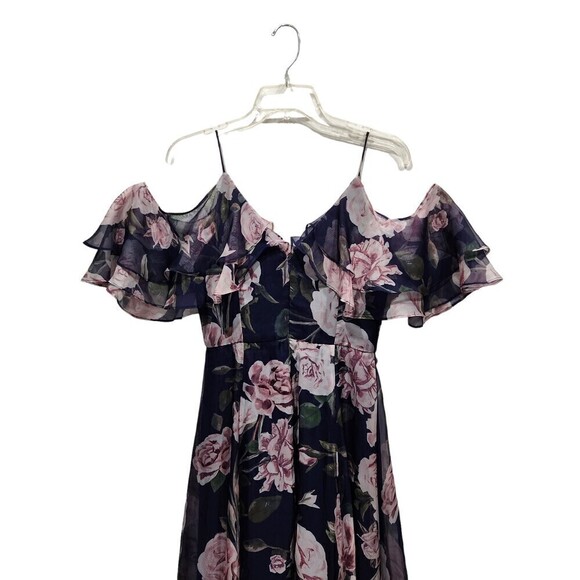 FAME and Partners Navy Floral Cold Shoulder Flowy Maxi Dress Gown, 4 - Picture 9 of 13